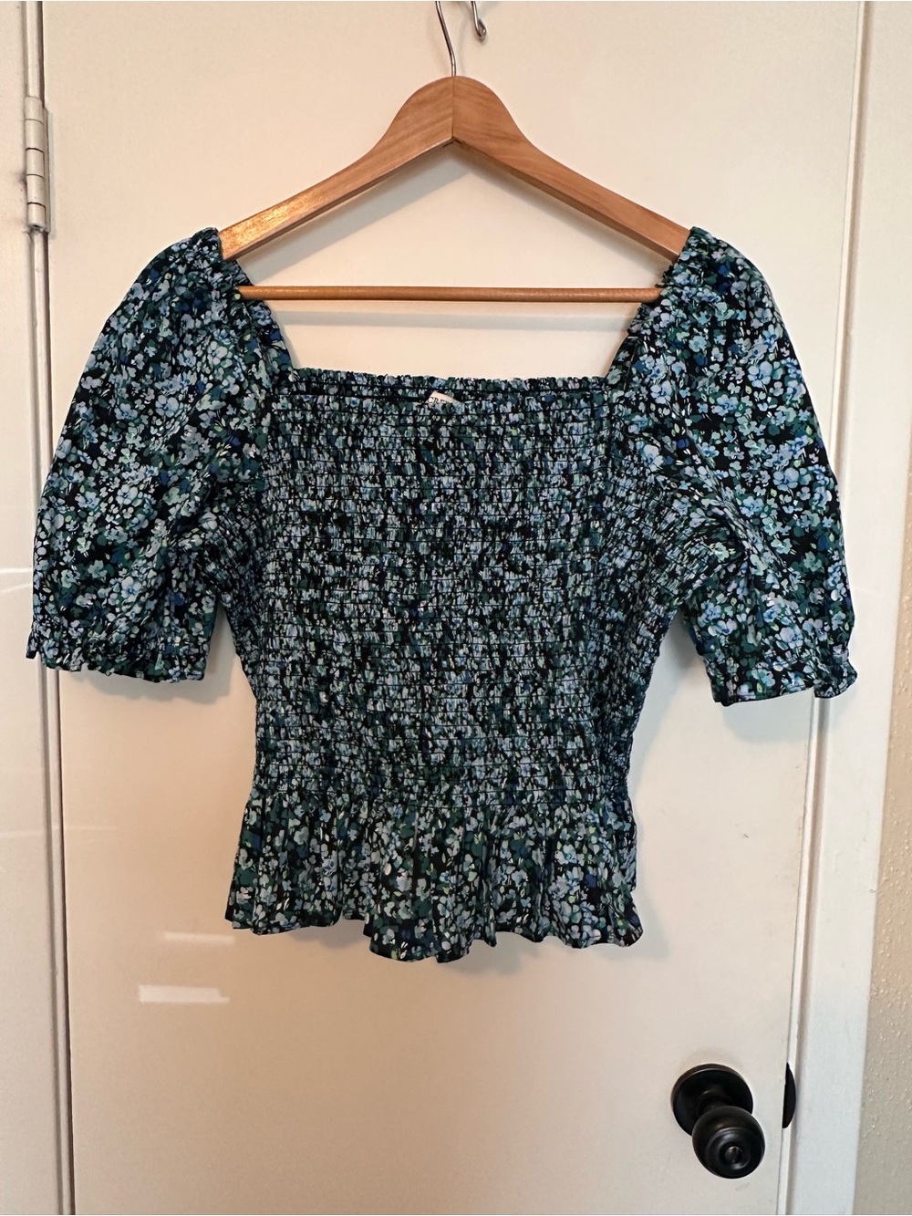 J. Crew Blue Floral Smocked Square-Neck Puff Sleeve Top Size L